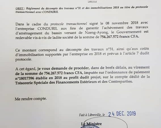 Affaire Conduril : l’ordre de paiement a bel et bien été donné par le ministre de l’économie et des finances, Jean Marie Ogandaga !