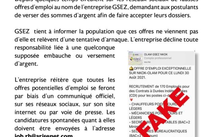 FAKE NEWS / pas d&rsquo; offres d’emploi au nom de GSEZ moyennant des sommes d&rsquo;argent !