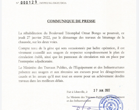 Communiqué de presse du ministère des Travaux Publics , de l&rsquo;Equipement et des Infrastructures