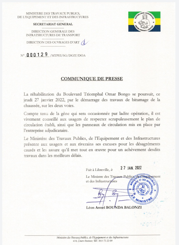 Communiqué de presse du ministère des Travaux Publics , de l’Equipement et des Infrastructures
