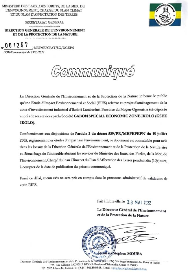 GSEZ – IKOLO : une étude d’impact environnemental dirigée par la DGEPN dans le Moyen Ogooué !