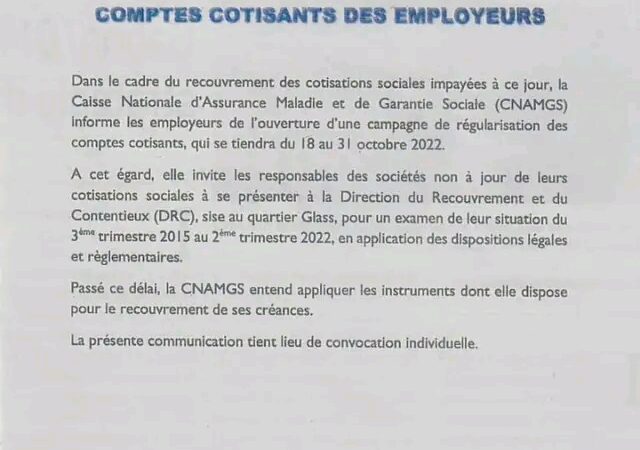 CNAMGS: Campagne de régularisation des comptes cotisants des employeurs