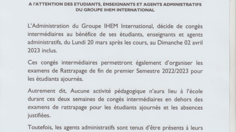 Annonce et communiqué: Note d&rsquo;information à l&rsquo;attention des étudiants, enseignants, agents administratifs du groupe IHEM international.