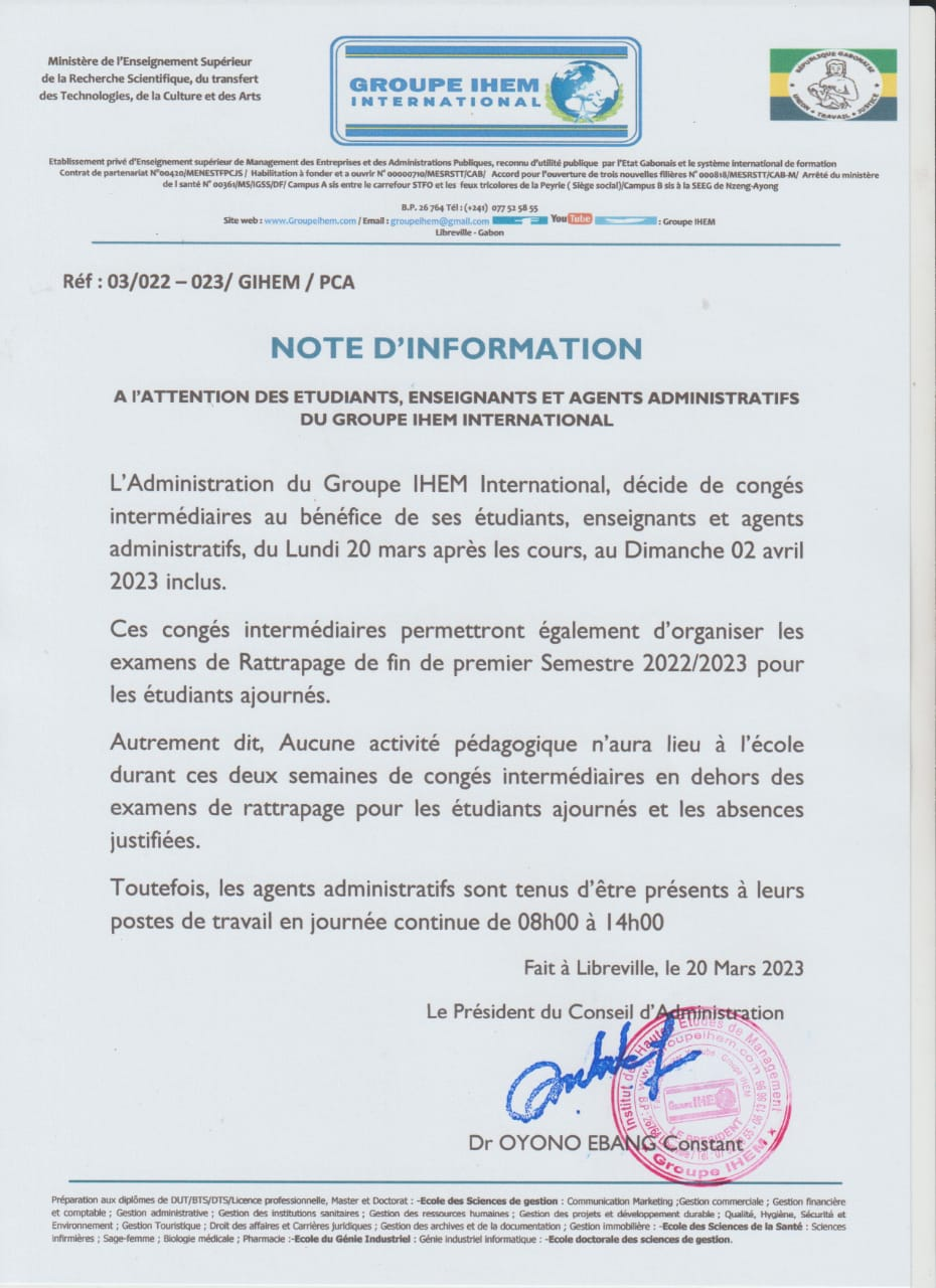 Annonce et communiqué: Note d’information à l’attention des étudiants, enseignants, agents administratifs du groupe IHEM international.