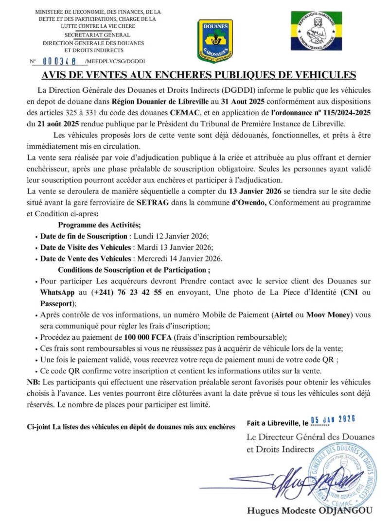 Alerte arnaque : la Douane gabonaise dément une fausse vente aux enchères de véhicules